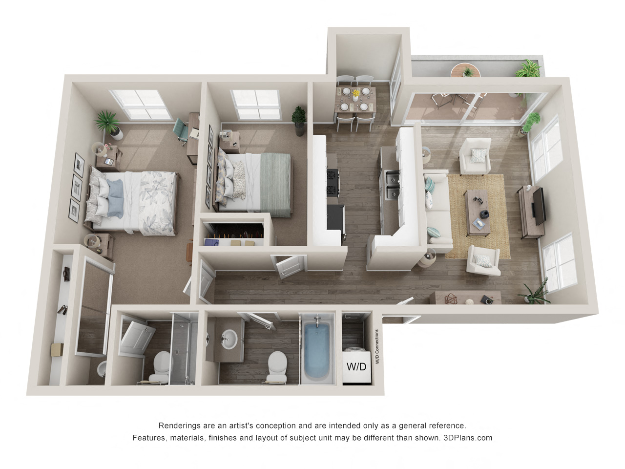 Floor plan for 2 beds, 2 baths, 1200 sqft